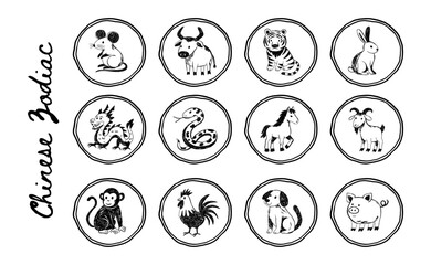 Chinese Zodiac Hand-Drawn Doodle Icon Sketch Set With Horse, Goat, Monkey, Rooster, Dog, Pig, Rat, Ox
