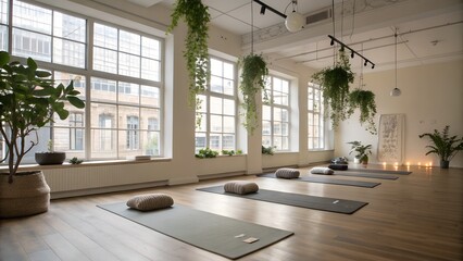Bright and spacious yoga studio with multiple mats, cushions, and lush green hanging plants, featuring large windows and a serene atmosphere.