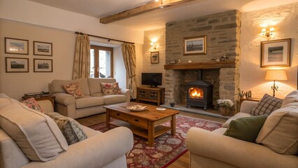 Cozy living room with fireplace and comfortable seating.