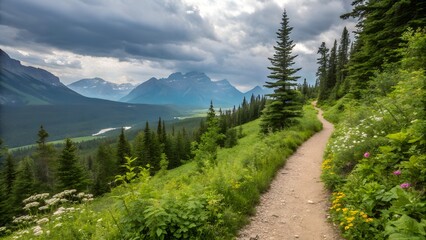 A scenic hiking trail winds along a lush green mountainside, overlooking a vast valley and distant rugged peaks under a dramatic cloudy sky.