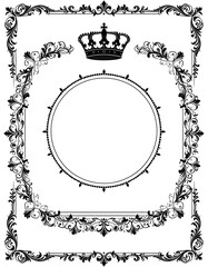 Ornate black and white decorative frame with a crown and circle, featuring elaborate floral and scrollwork designs.