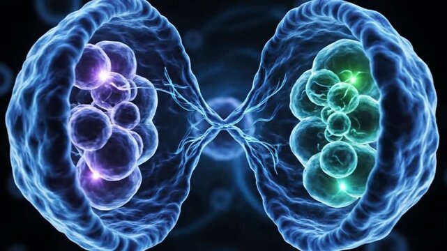 Abstract 3D microscopic animation of cellular interaction and replication featuring glowing blue organisms connecting illustrating complex biological processes 