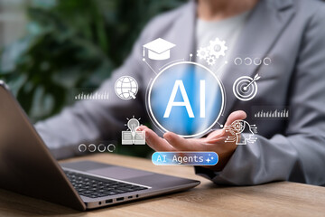 AI Agent in Education Concept, Businessman using Artificial Intelligence for Learning Innovation, Digital Knowledge Management, Smart Training, Future Technology for Academic and Corporate Growth