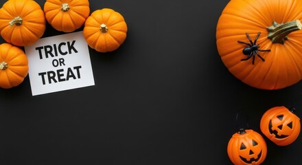 Happy Halloween pumpkins and spider on a black background with trick or treat sign