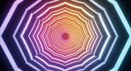 Abstract glowing tunnel with colorful neon lights creating a psychedelic optical illusion of endless depth and movement