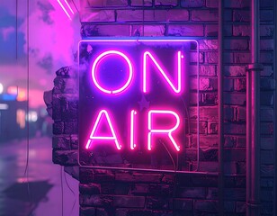 Neon sign "On Air" on a brick wall at night