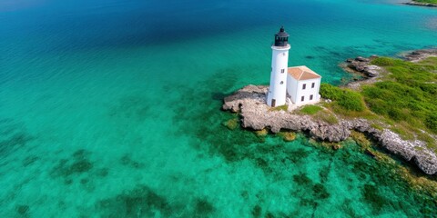 Lighthouse Concept. Aerial view of a lighthouse on rocky coastline with turquoise water.