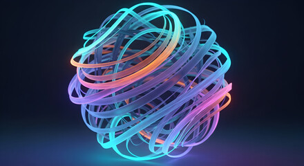 Abstract swirling luminous energy orb with vibrant neon blue pink and orange light trails creating a dynamic and futuristic visual effect against a dark background