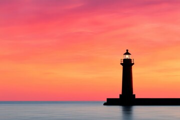 Lighthouse Concept. Lighthouse silhouette at sunset over calm waters.