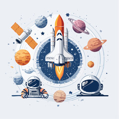 Space exploration concept art featuring a rocket launch and planets, with astronauts and satellites symbolizing cosmic discovery and adventure
