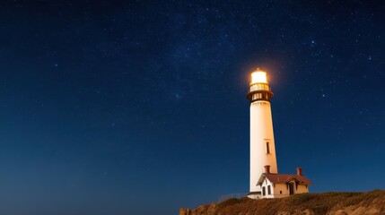 Lighthouse Concept. Lighthouse illuminated against a starry night sky.