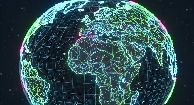 Vibrant digital globe with glowing continents and interconnected lines representing global networks and data flow against a dark background symbolizing technology and communication - Powered by Adobe