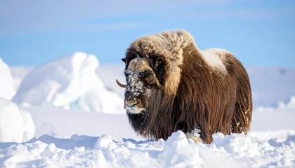 A musk ox stands peacefully on the Arctic tundra, snow lightly dusting its thick, shaggy fur coat.