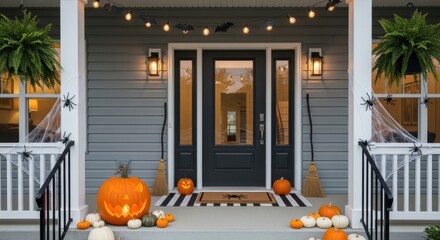 Festive Halloween Decorations Adorn a Welcoming Home Entrance