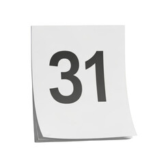 Fototapeta premium Calendar page with number 31 isolated on transparent background