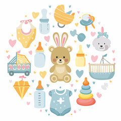 Obraz premium Adorable Baby Shower Essentials Cute Illustrations of Baby Products