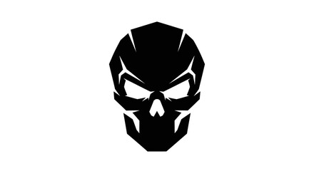 A stylized black skull with sharp angles and glowing eyes, set against a white background.