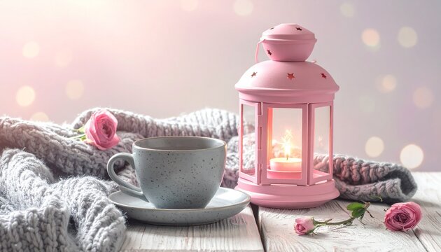 Pink lantern with candlelight, grey speckled cup and grey knitted wool blanket on wooden table, toned pastel colours, soft bokeh light in background. - Powered by Adobe