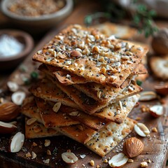 Crunchy artisan crackers with sesame and almonds photo