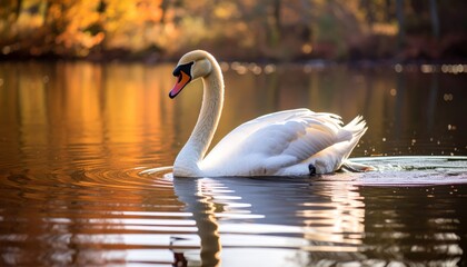 Fototapeta premium Elegant swan gracefully glides on the water of a serene lake during golden hour, autumn season