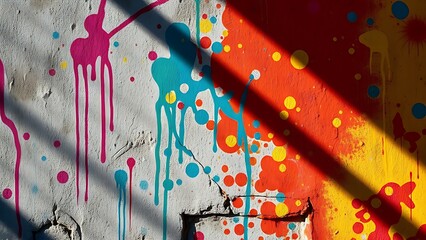 Urban wall adorned with vibrant paint splatters, embodying abstract street art energy.