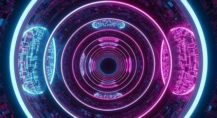 Vibrant neon tunnel with glowing elliptical rings and intricate circuit patterns in shades of electric blue and magenta creating a futuristic and abstract digital art