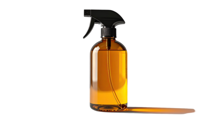 Amber glass spray bottle against black background.  Glossy, modern