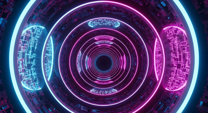 Vibrant neon tunnel with glowing elliptical rings and intricate circuit patterns in shades of electric blue and magenta creating a futuristic and abstract digital art