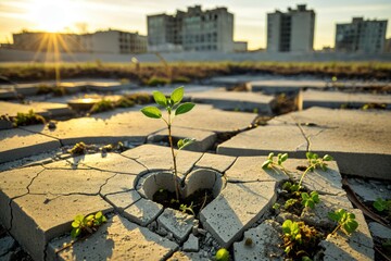 Young Plant Growing Through Cracked Concrete in an Urban Ruins Environment 5