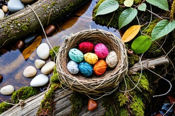 Colorful Yarn Balls in a Natural Setting with Rocks and Leaves 13