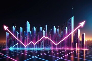 Futuristic City Skyline with Growth Chart Showing Bright Digital Arrow
