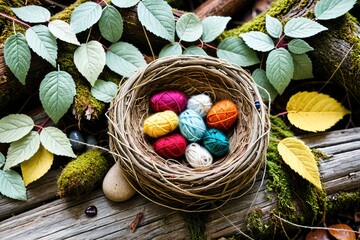 Colorful Yarn Balls in a Natural Setting with Rocks and Leaves 8