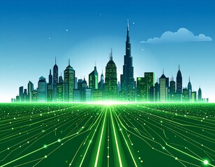 Futuristic city skyline green technology network digital illustration