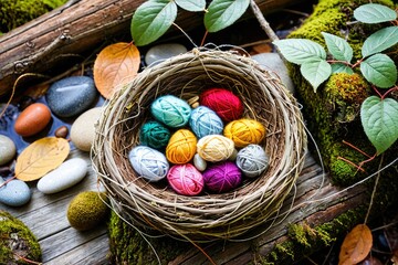 Colorful Yarn Balls in a Natural Setting with Rocks and Leaves 14