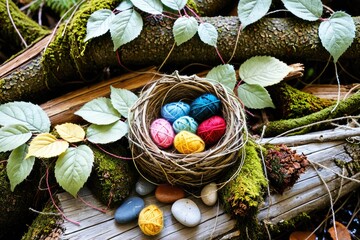 Colorful Yarn Balls in a Natural Setting with Rocks and Leaves 5