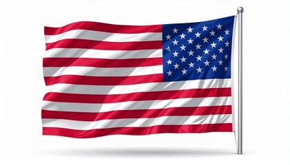 The flag of the United States waving in the wind realistic fabric texture white background with soft shadows
