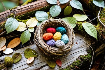Colorful Yarn Balls in a Natural Setting with Rocks and Leaves 3