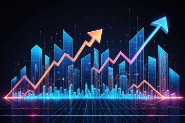 Futuristic City Skyline with Growth Chart Showing Bright Digital Arrows 2
