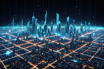 Futuristic Digital Cityscape with Glowing Network Connections at Night 4