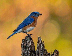 Bluebird perched on stump in autumnal light