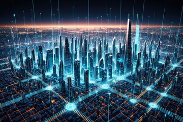Futuristic Digital Cityscape with Glowing Network Connections at Night 2