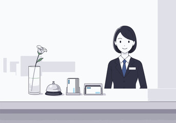 Friendly hotel receptionist standing behind a counter with service bell and flower