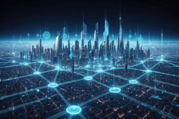 Futuristic Digital Cityscape with Glowing Network Connections at Night