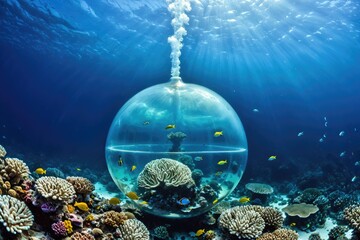 Underwater Scene of Coral Reef Ecosystem and Transparent Aquatic Sphere 8