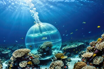 Underwater Scene of Coral Reef Ecosystem and Transparent Aquatic Sphere 1