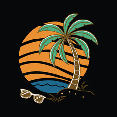 Fototapeta premium Flat Summer Emblem with Green Palm Tree at Center – T-Shirt Design
