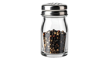 Clear glass pepper shaker filled with mixed peppercorns