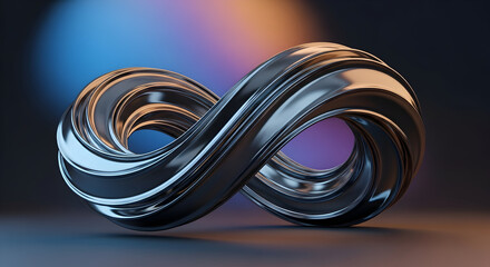 Abstract metallic infinity symbol with swirling reflective surfaces and a blurred colorful background representing endlessness and continuity in a modern design