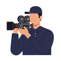 A professional cameraman operates a classic vintage film camera, captured in a clean flat 2D vector illustration against a plain white background.