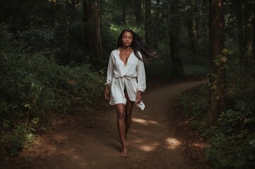 Serene woman walks barefoot through forest path bathed in gentle golden sunlight